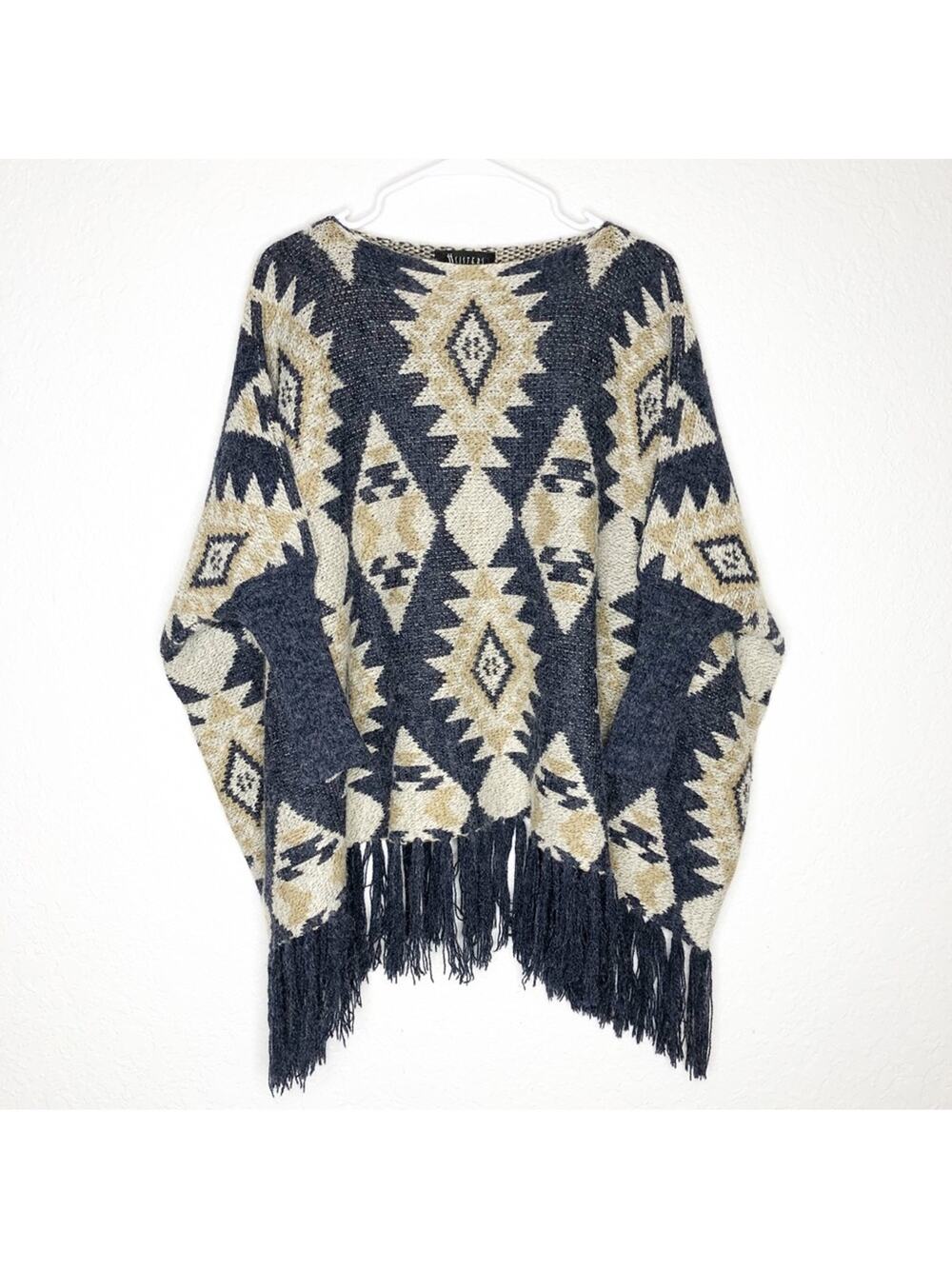 II Sisters cream gray gold Aztec southwestern fringe poncho style sweater S / M